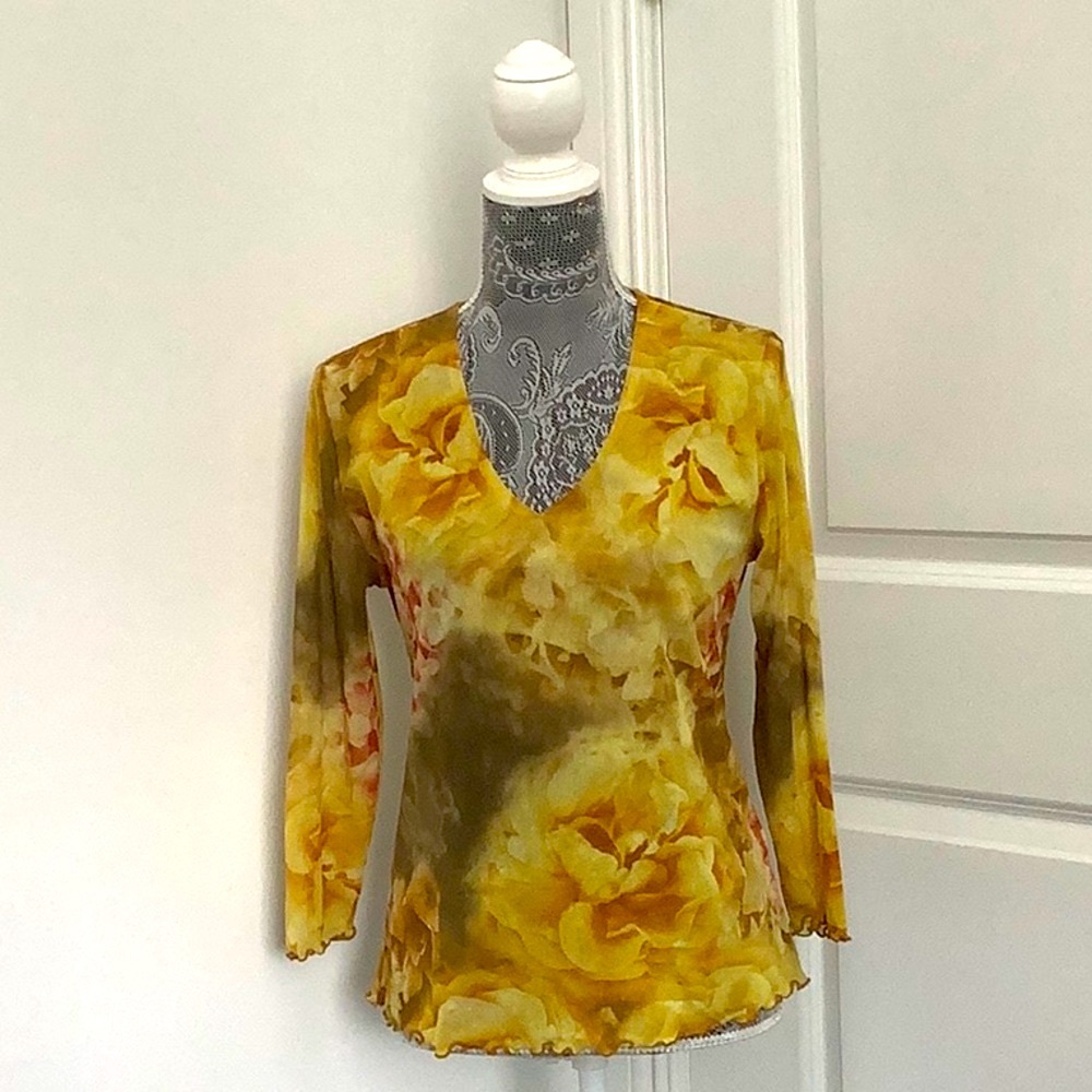 Kenny Dana Autumn Elegance Fitted 3/4 Sleeve Blouse in Yellow and Brown, Size XL